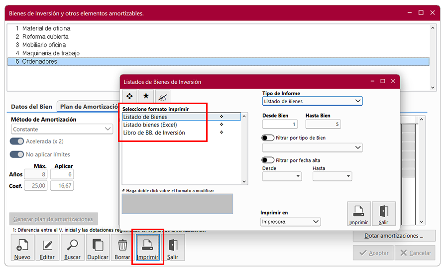 Ventana Bienes de inversión y otros elementos amortizables en ClassicConta 7.